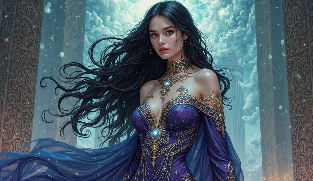 Ethereal Majestic female goddess with dark purple , dark blue , yellow colour palette. Black hair . Dark aura . With crown