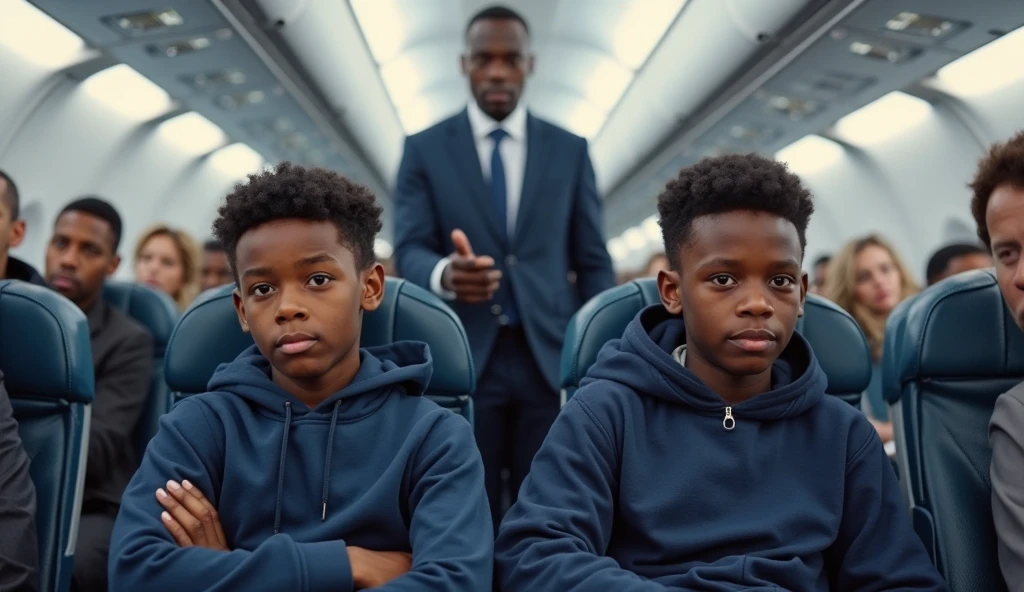, a boy and a girl smiling. They age is 21The boy, who is black and medium soft curly beautiful hairhair is wearing red hoodies and stands in front. The girl, who is light skin wearing black is positioned behind him. In the background, there's a green plane. Both the boy and girl look happy
