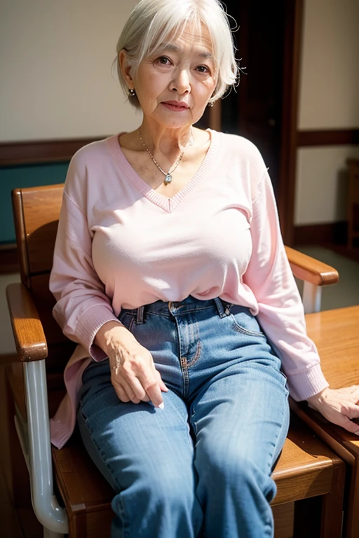 Beautiful elderly woman, cute,sexy,55 years old,,sexy, Wear a pearl necklace, old woman, Big saggy Breasts, one piece thing cotton stretchy grey clothing, Curly Hair, Sitting in a wheel chair, plain grey background