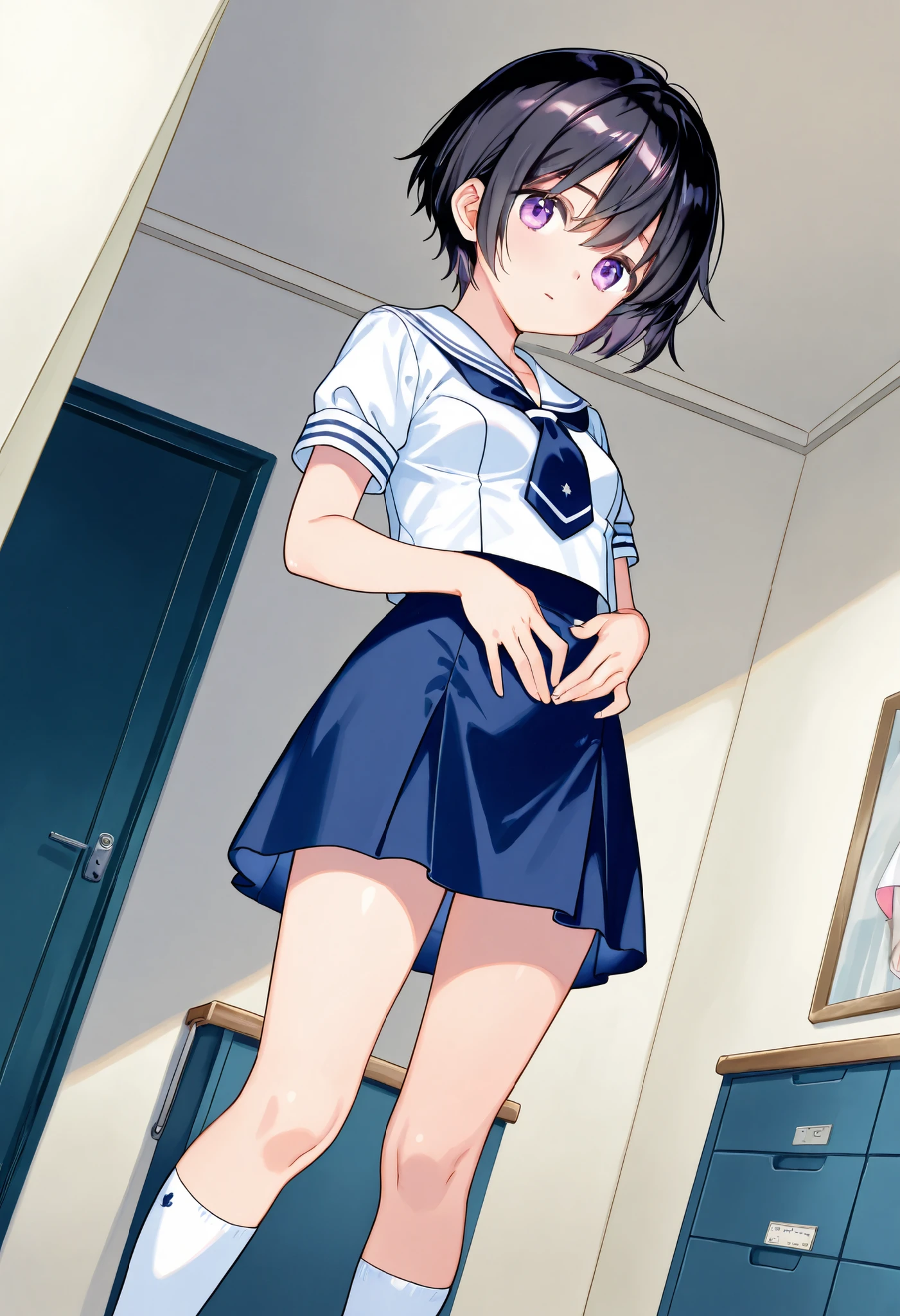 Elementary school girl 8-year-old Flat Chest Black Hair Long Hair Purple eyes 1 person Glasses Short-sleeved sailor suit Navy blue mini skirt White panties White socks sneakers School Library Crouching Dynamic Angle Low Angle