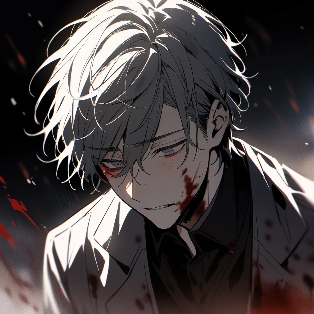 {masterpiece, distinct_image, extremely detailed CG, (extremely detailed fine touch:1.2),detailed face, monochrome, sketch, 4k, 8k, high_resolution, antion manga, (detailed_eyes:1.3), glitter, red_light, (glow_red_eyes:1.3),{1man, face_focus, looking for_in_viewer, upper body },{adult, ( black short-sleeved medieval shirt:1.7),(white hair, short hair, red eyes, red glowing eyes,(scar on cheek:1.5),masculine face, thick chin, slanted eye, shadow on face, angry face:1.3)}