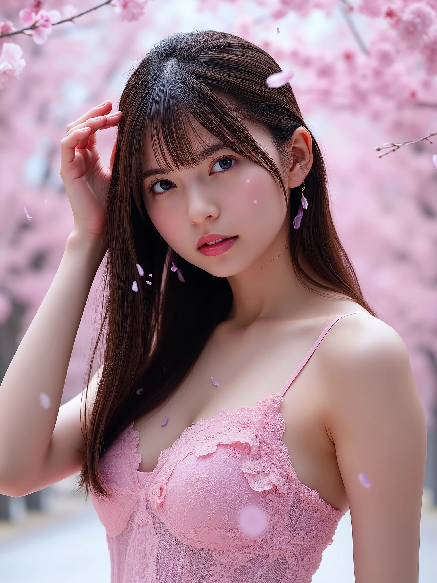 (extra detailed body、extra detailed face、best qualtiy:1.2)、femele、looking at the viewers、(pink  bra、JINS)、(pink bougainvillea chaos in the background:1.4)no bangs, double eyelids,black hair, (Small Breasts) 