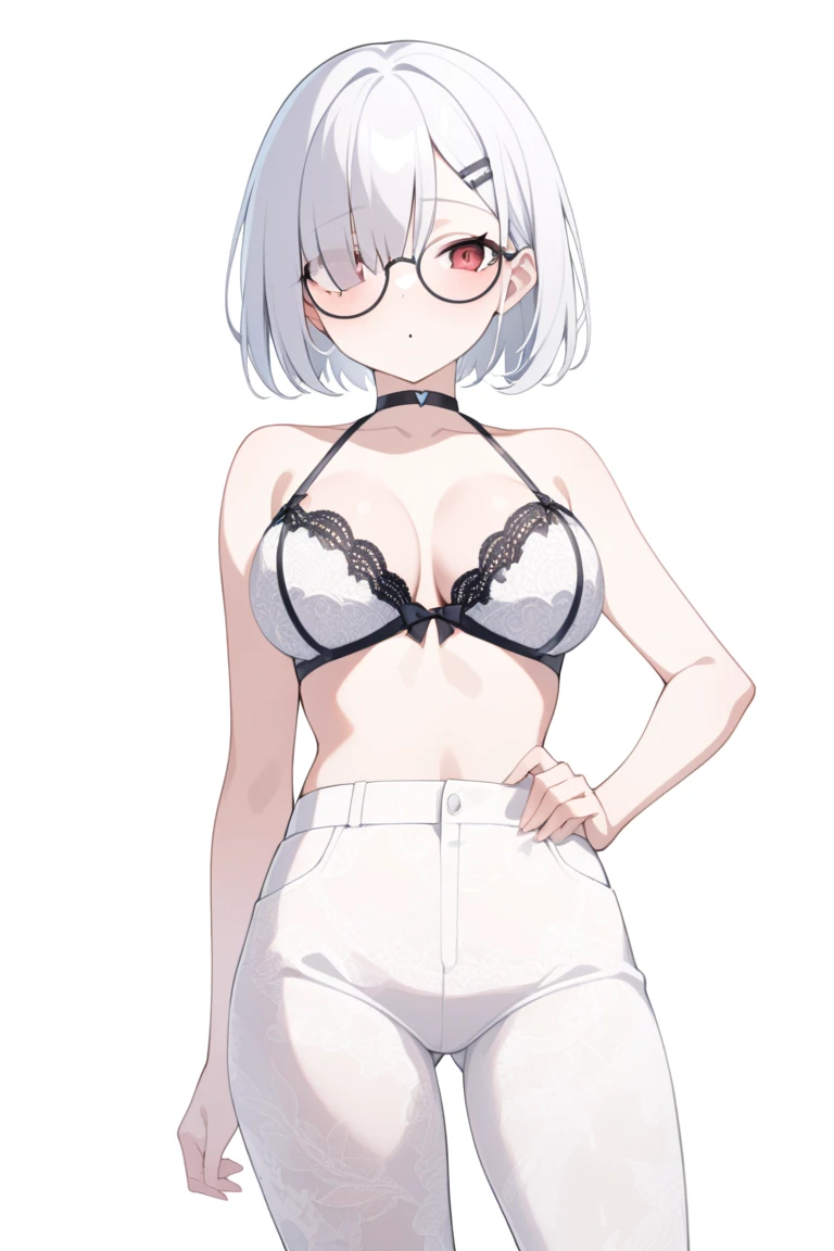 photostudio、gray wall、Standing in sexy pose,gold necklace、Pearl Earrings、photostudio、gray wall、look at the camera、thighs ,(((white background)))、short hair、Transparent white silk panties、sheer red silk bra、