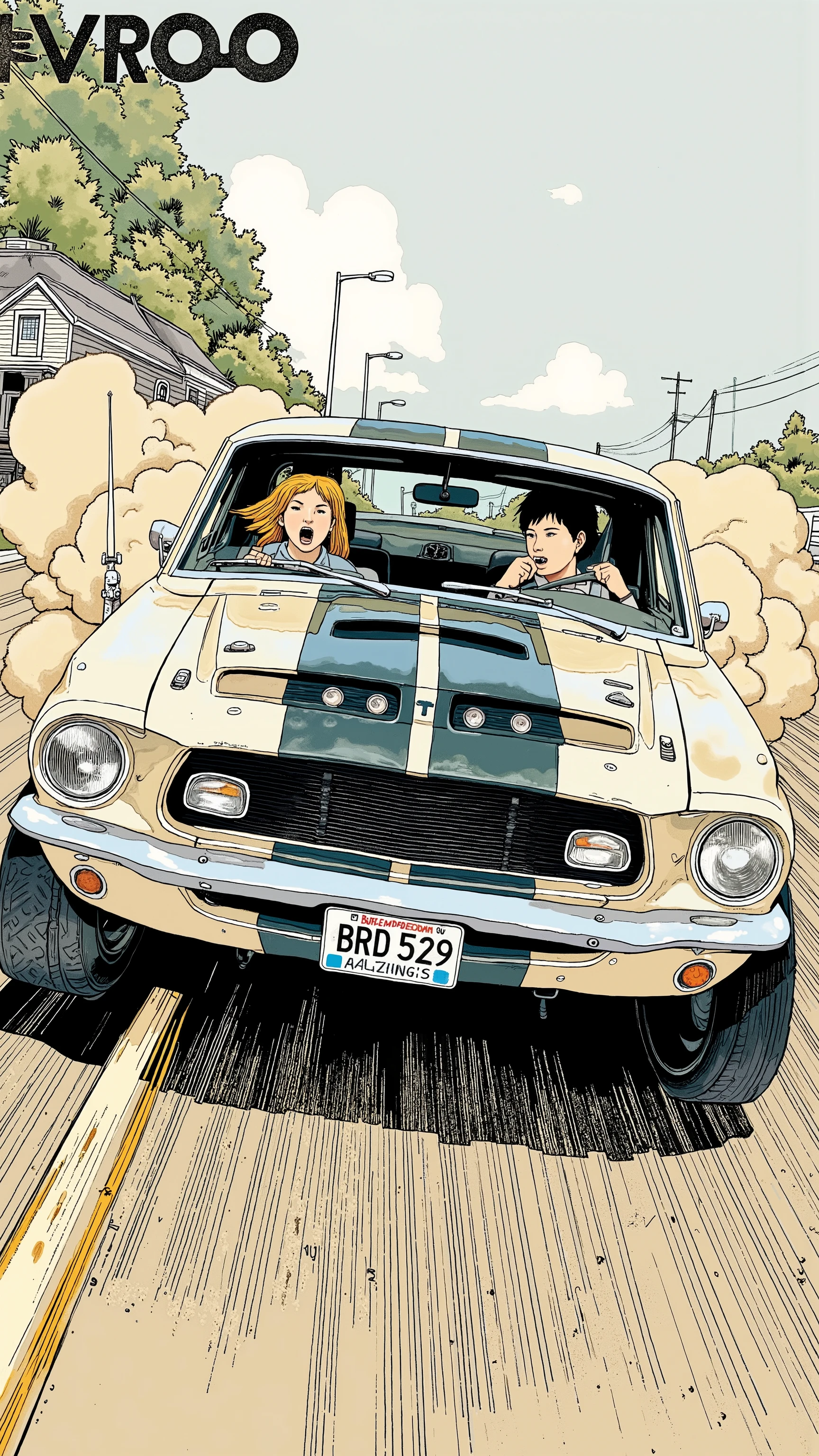 Sleek Design, Equipment, The scene below, which is reminiscent of the manga-specific, of fog lights. car, sense of speed on that front grille, fog lights depicts, Strong presence. Manga-specific, equipped with, expresses the thrill and anxiety, chrome decoration, クラシックな自動carデザインを物語っている. an Illinois license plate "BRD 529." Superior, bold text "VROOOM" along with those keys. car内ビューには 2 人のキャラクターが描かれている. 1, holding, seat belts with dynamic lines that accentuate the front to evoke the roar of the engine, screaming "amazing!!" in excitement. passenger, a young woman with bright hair, broom, Arouse the roar of the engine, A key sound that seems surprising Shelby holding. 下のシーンは回転するcar輪に焦点を当てている, Deviation という音とともに "Deviation ". This image、captures the, excitement, Nostalgic charm , The manga-specific.