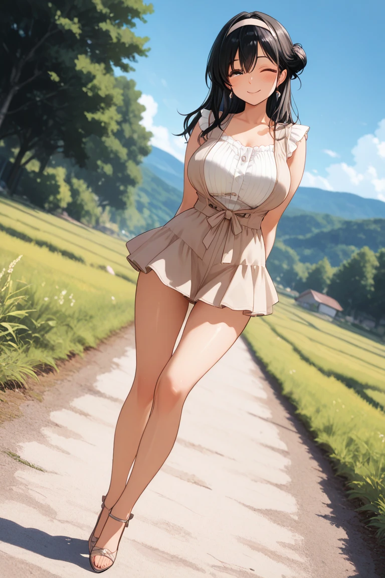 A straight haired brunette adult female standing on the ground, brown hair, medieval, sunny disposition, long shaped tits, cute happy demeanor, deredere, village, naked, nsfw, nude