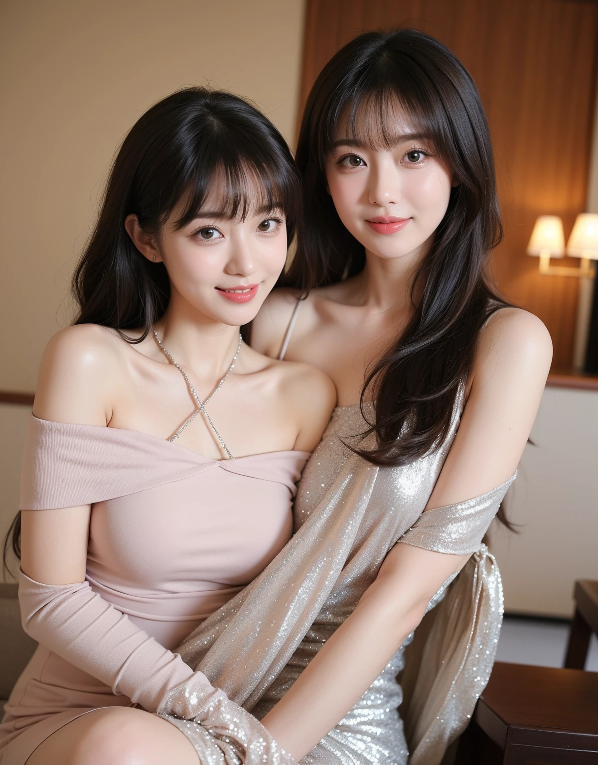 ((Best Quality, 8K, Masterpiece: 1.3)), 2 women looking at each other, snuggling together, half-body, smiling, happy eyes, beautiful woman, (dark brown hair), tight t-shirt, mini casual skirt, super detailed face, detailed eyes, double eyelids, basement, indoor, off-the-shoulder.