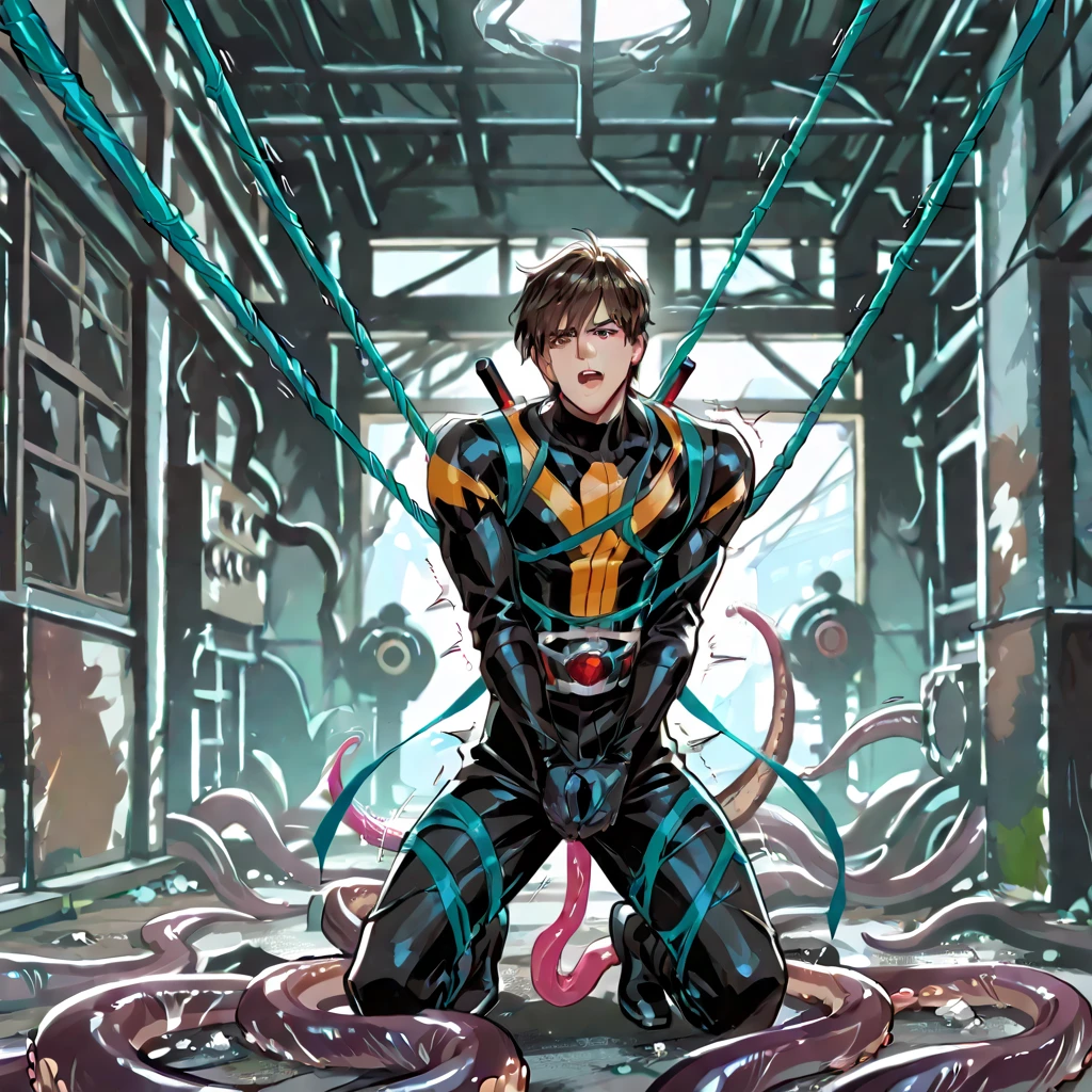 Peter Pan examines the buttocks of a 20-year-old Brazilian boy, wearing tight sweatpants with a protruding convex codpiece. Muscular, with round, firm, perfect buttocks, Aesthetic, erotic, beautiful, full body illustration of a very handsome shirtless guy, large pink tentacles wrap around him, good abs