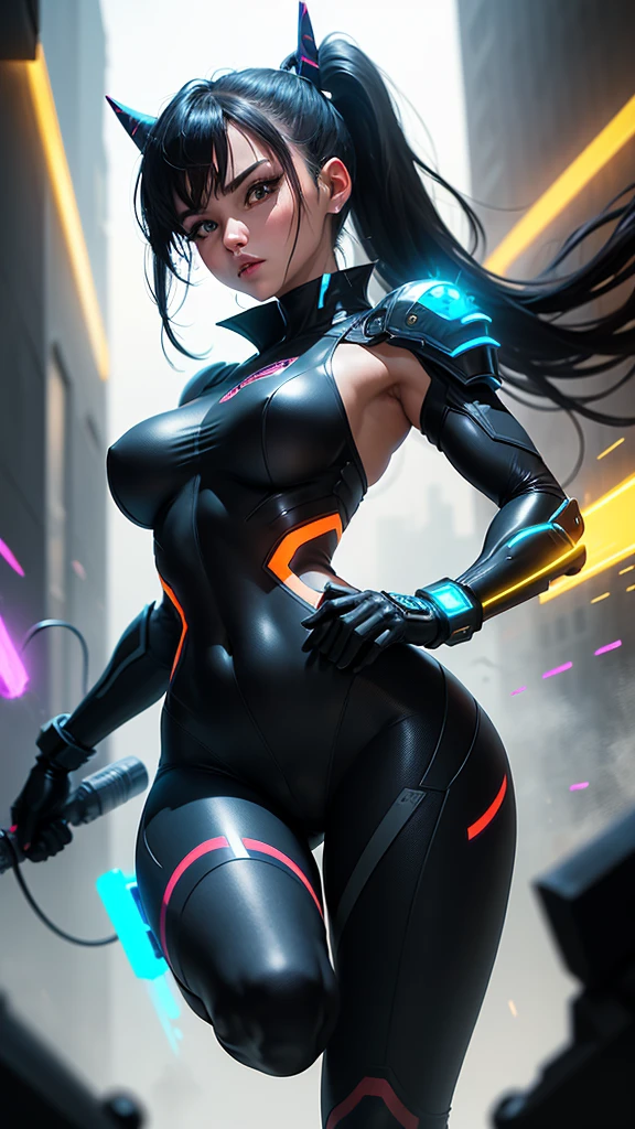 laranja, rosa, Branco, verde, (Mulher de cabelo Preto (com franja pesada cobrindo a testa)), tatuagens, (roupas Techwear: 1.1), abstract lines and background circles, corpo inteiro