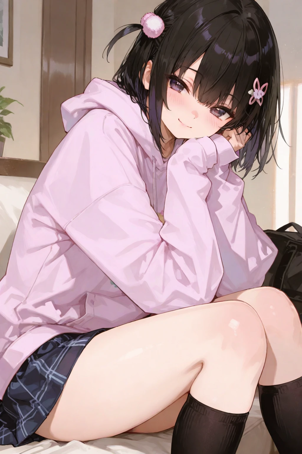 super fine illustration, super detailed skin, 1 girl, baby face, petite, nose blush, bob cut, brunette, white oversized hoodie, sleeveless, skirtless, no panties, barefoot, whole body, bed room, spread_legs,pussy,vaginal sex,
