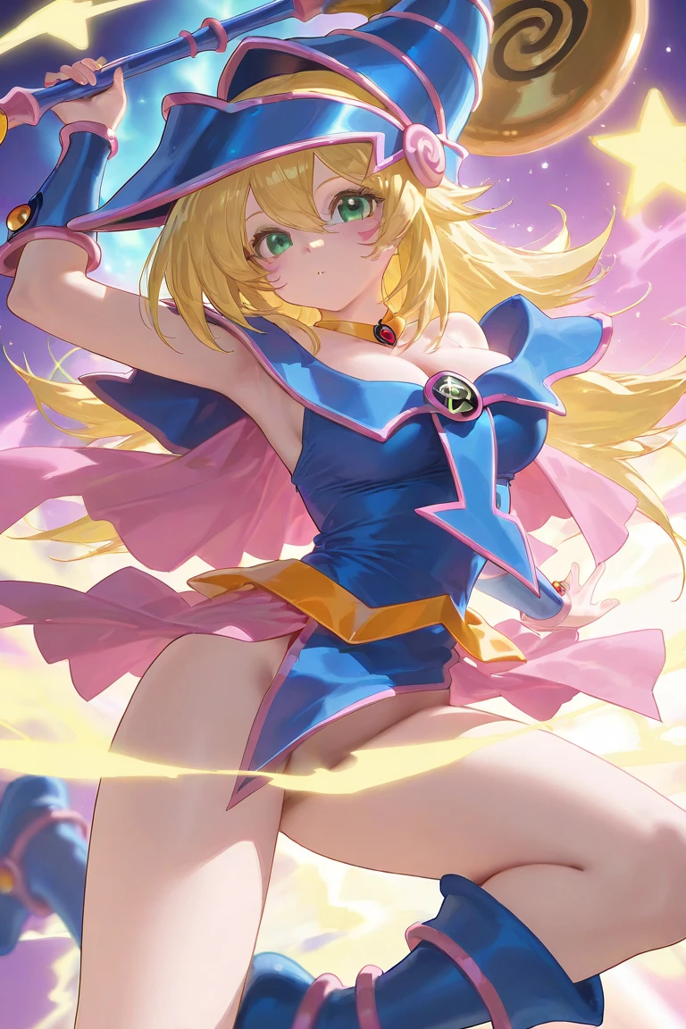 1 girl, solo,masterpiece, best quality, highres, hmdmg1, wizard hat, blue boots, magician's staff, blush, blush stickers, cleavage, bare shoulders, dress, off shoulder, blonde hair, happy, smiling, open mouth, floating, magic and fantasy background, legs up,magic auras, symbols, side view, looking at the viewer, perfect anatomy, perfect hands