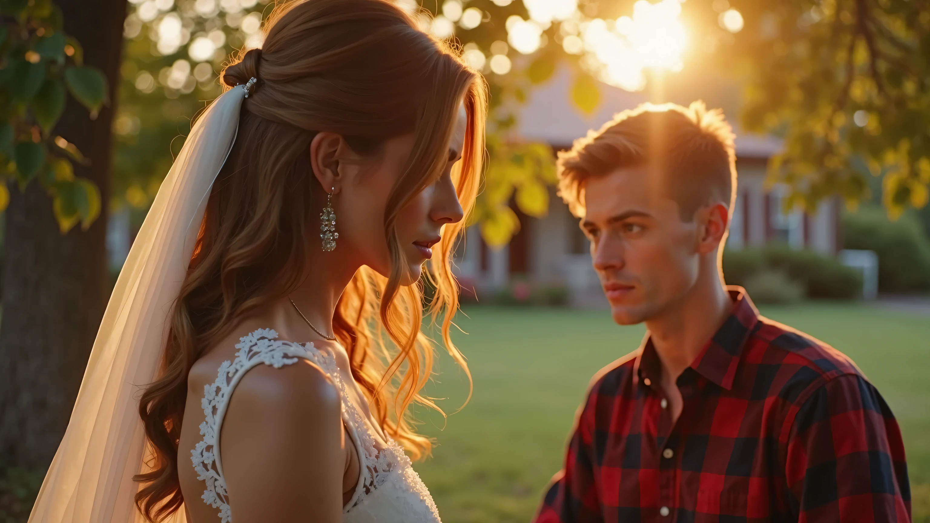 a 20 years old man greeting a 20 years old blonde girl wearing a white top and a flower skirt, farm background