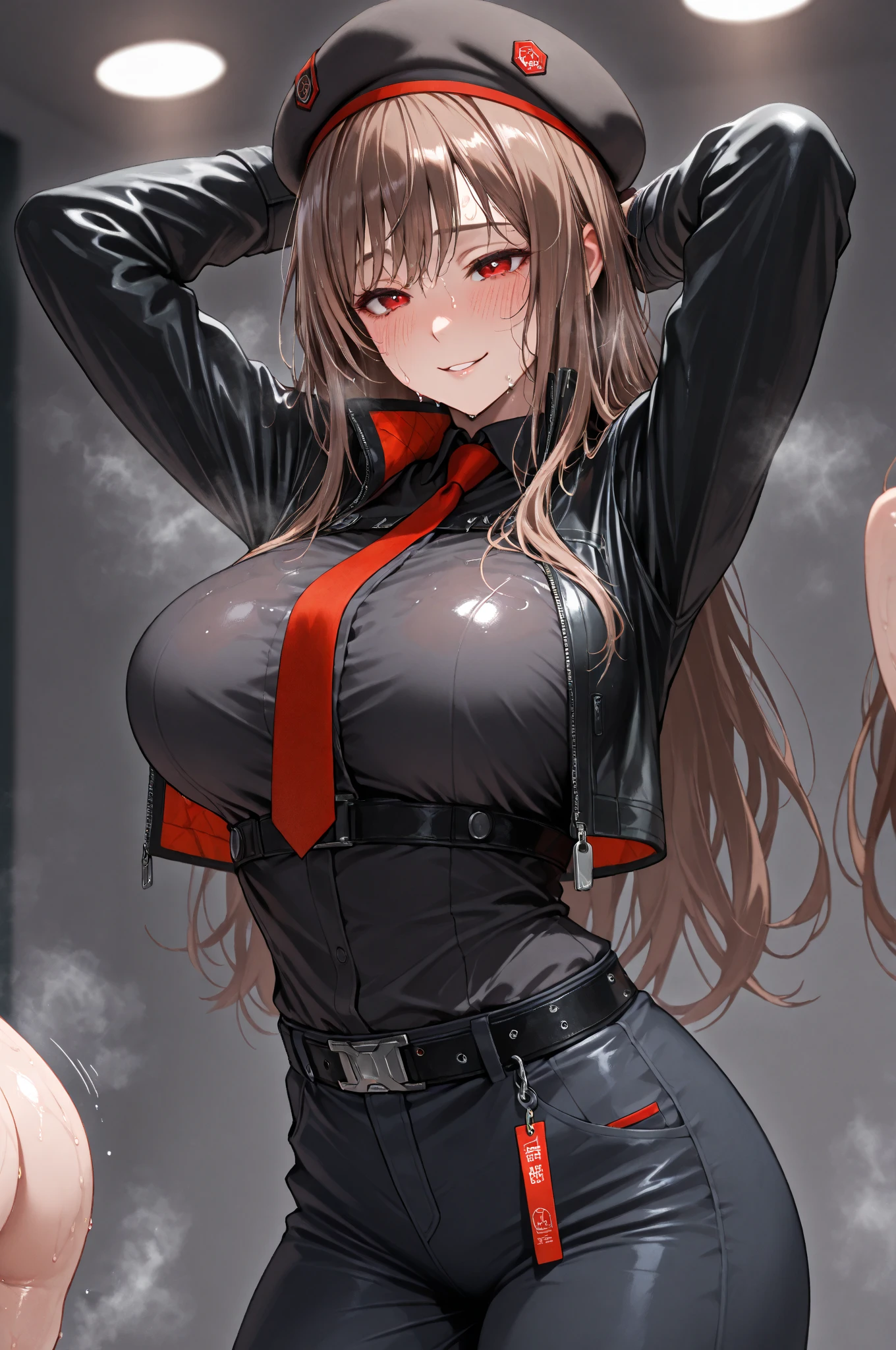 masterpiece, ultra detailed, best quality, souryuu asuka langley is a officer, waffen-SS, world war ii, black uniform, all black, officer's cap, suspenders, bare breasts, belly, collarbone, grin, posing, chocker, gloves, long leather coat, breeches, totalitarian aesthetics, retro, by Gottfried Helnwein