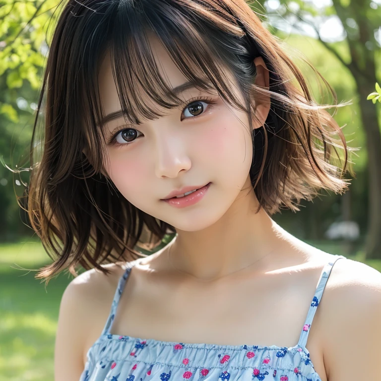 lake, forest, rain, studio light, depth of field, upper body, slender, cute face, big smile, beautiful detail eyes, natural lashes, 18 years old Japan person, cute, warm brown voluminous curls, plaza, casual