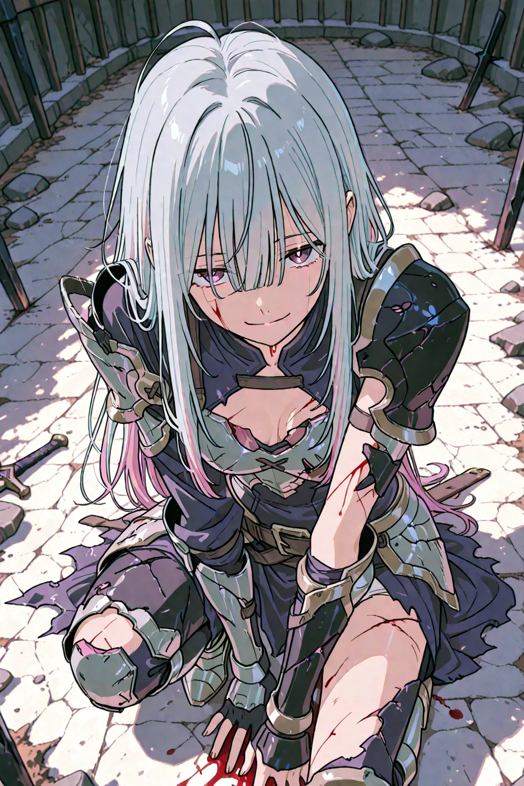 one girl, handcuffed, chain restrain, slave, princess of elf, white hair, naive, pure, anime, despair, torn clothes, ???????, bruises, endure