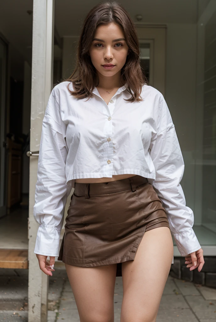 1 very fair skin brown hair woman, short hair that stops at chin, Sit on the chair，Eyes look at bootlack high gloss rain boots, 8K resolution,Wallpaper masterpiece，Best quality，Highly meticulous，Ultra high quality，increase brightness