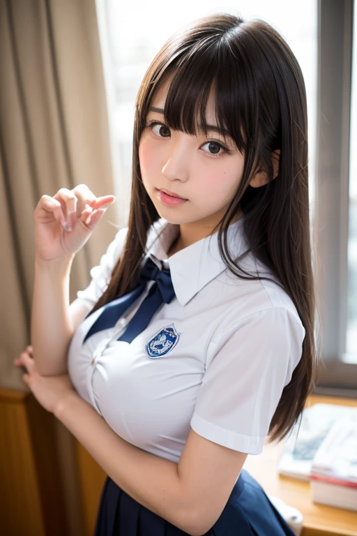 Japanese,Beautiful girl at 6 years old:1.85,Baby Face:1.85、Ultra-flat chest:1.85、Ultra short height、An innocent smile,cute,Primary school students,Private elementary school uniforms,Summer clothes,Lean back and find out:1.85、clavicle、On the bed、On all fours
