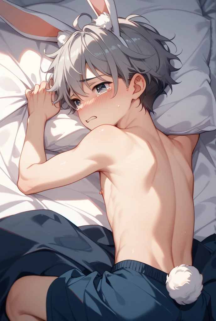 ((Best quality)), ((masterpiece)), (detailed), perfect face, Cute boy, Shy, oblivion 12 years, shirtless, in short white swimming trunks, White hair and blue eyes, very thin, Lying in bed, arms outstretched on the bed, sexual