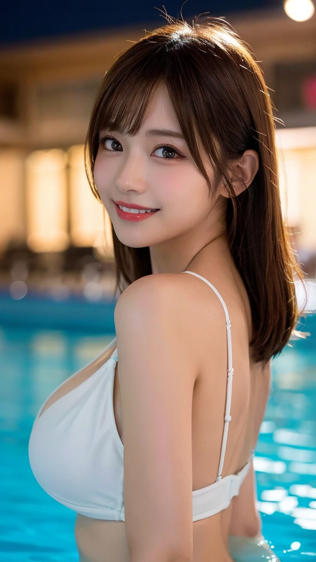 masutepiece, Best Quality, Illustration, Ultra-detailed, finely detail, hight resolution, 8K Wallpaper, Perfect dynamic composition, Beautiful detailed eyes, bikini of, Natural Color Lip,Pool, Random and cute poses, flowing bangs,cleavage of the breast, Smile Face,Sunset