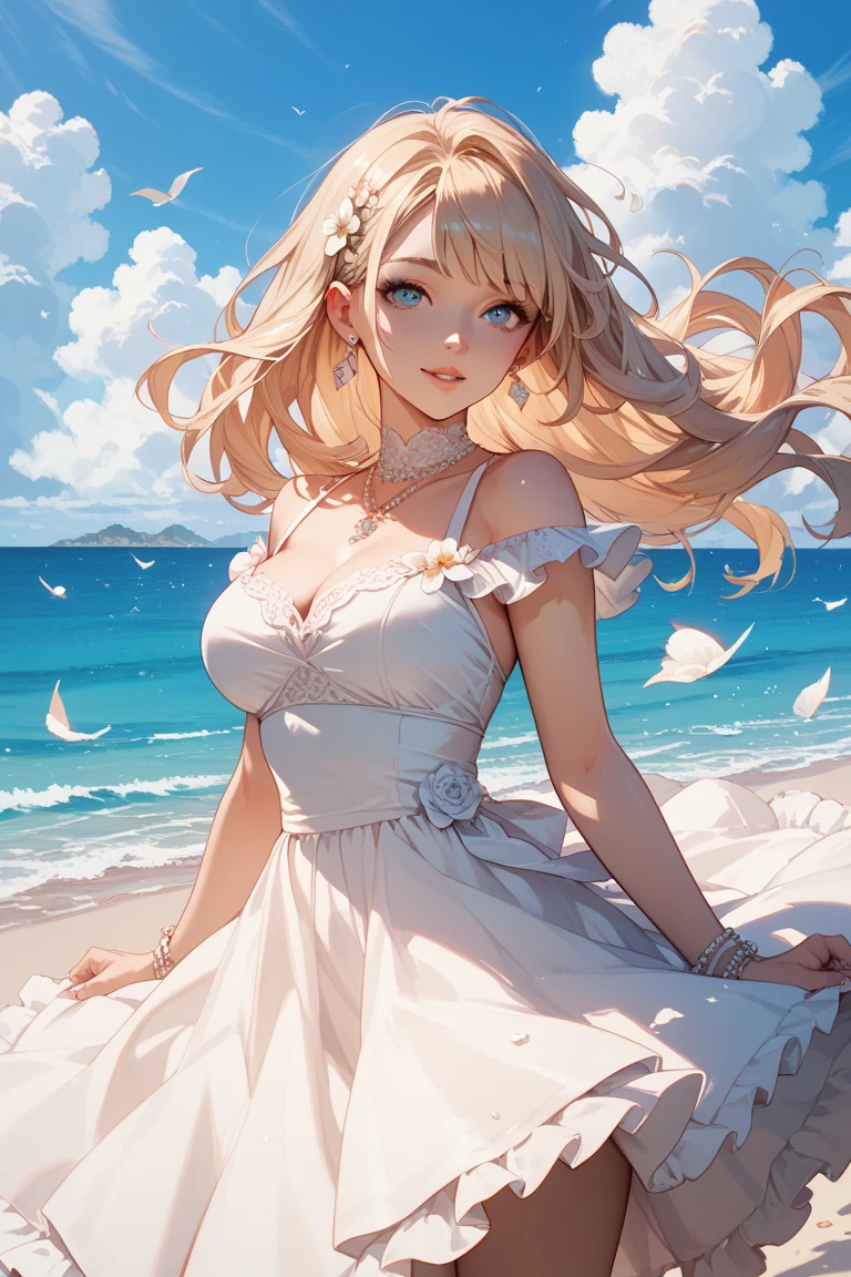( Absurd , High quality , ultra detailed, careful with hand )Zodiac - Gemini goddess , similar to latin goodness , Solo . Curious, skillful, humorous, seductive, imaginative face , Sometimes impractical, restless, nervous, careless style , mature , light brown eyes , long hair , light blonde hair , transparent dress , lace lingerie , in the ocean with wind , whole body , flirty look ,