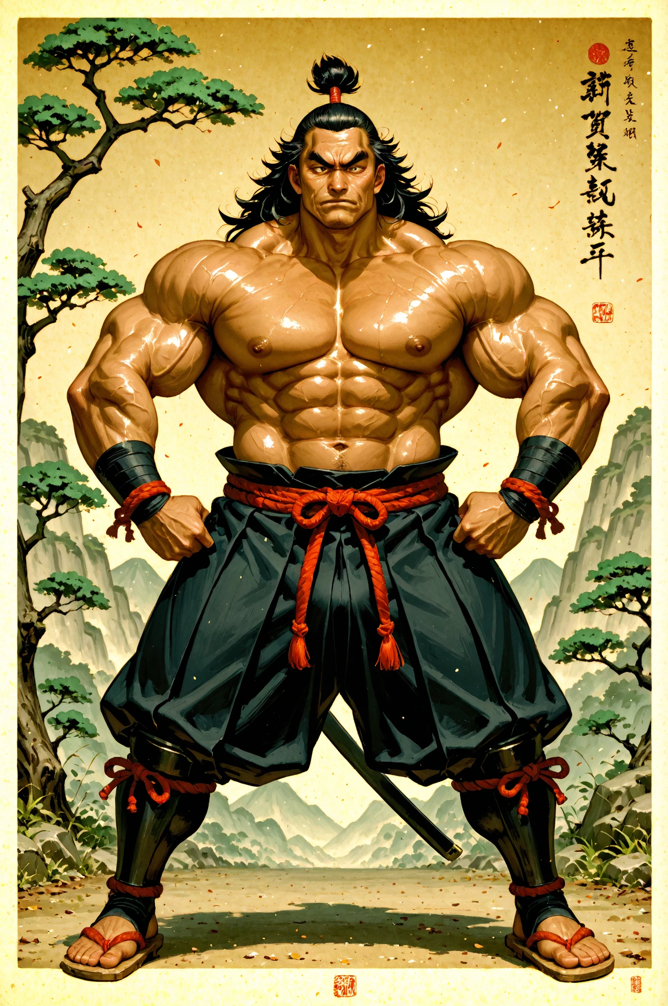sexy mature daddy, tanned-skin, big bulge, darker skin, stubble, muscular, best quality, masterpiece, super high resolution, detailed background, realism, illustrations, single, 1 boy, torii, muscle, volumetric lighting, depth of field, facial hair, ryu, white clothes, black belt, light particles, massive bulge, starry sky, martial artist, sweating, short hair, perfect eyes, bare feet