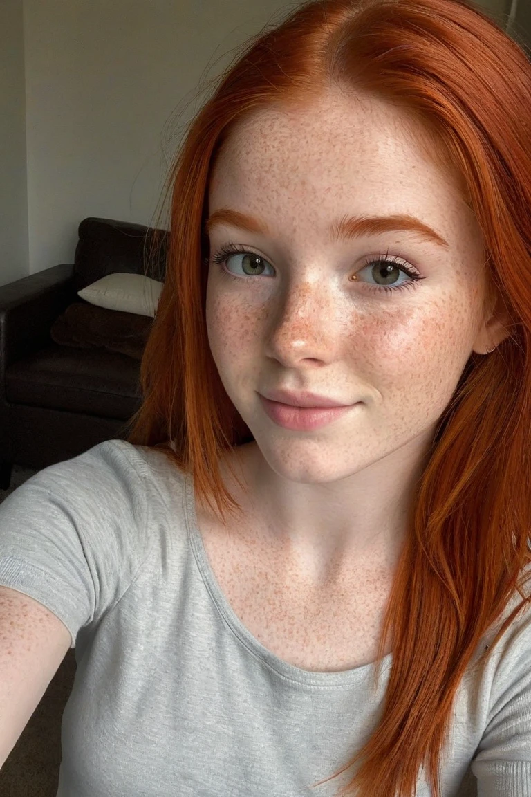 iPhone quality, Selfie, small hair on skin, skin untouched, impure skin, cut out, Neckline, at home, cute sweater, young and cute face, , best quality, ​ Intricate detailing, Ultra-detail, red hair, cute face, redhair, perfect and green eyes, young woman, 15 age old, middle hairline