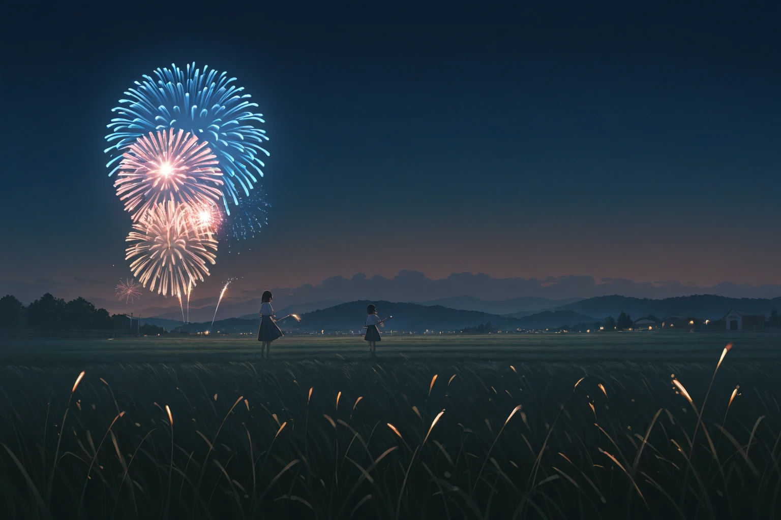 Blue sky and white clouds in the field，A lot of people wearing Zhuang costumes，Young red Zhuang costume boy（Positive perspective，rejoice），Stand in the middle of the crowd，Jump on both feet，Grab the fireworks with your right hand held high。Host an event，Fireworks Festival