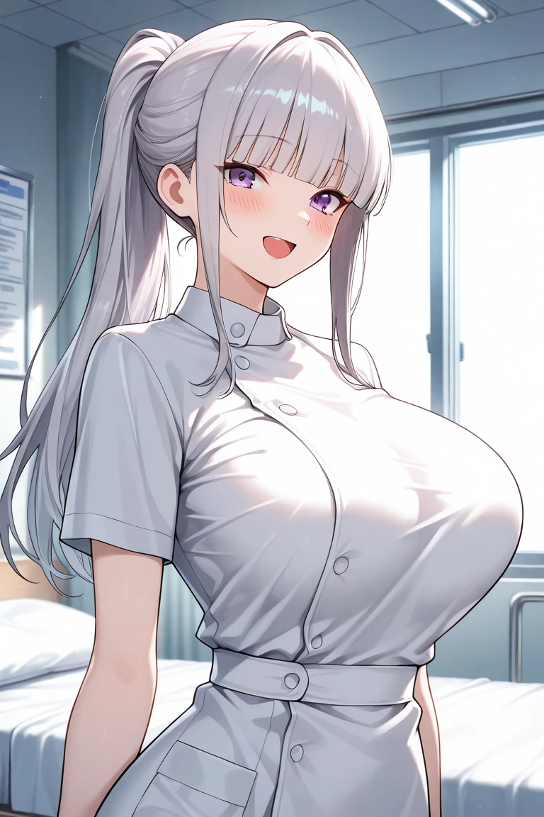 (1girll),Extra Large,(Lactation)(Extra Large胸)()breast,Conque,Moisturizes the skin,Sweaty skin,Wavy Gray Hair,White hair,Wearing pink nurse uniform,The thighs can be seen