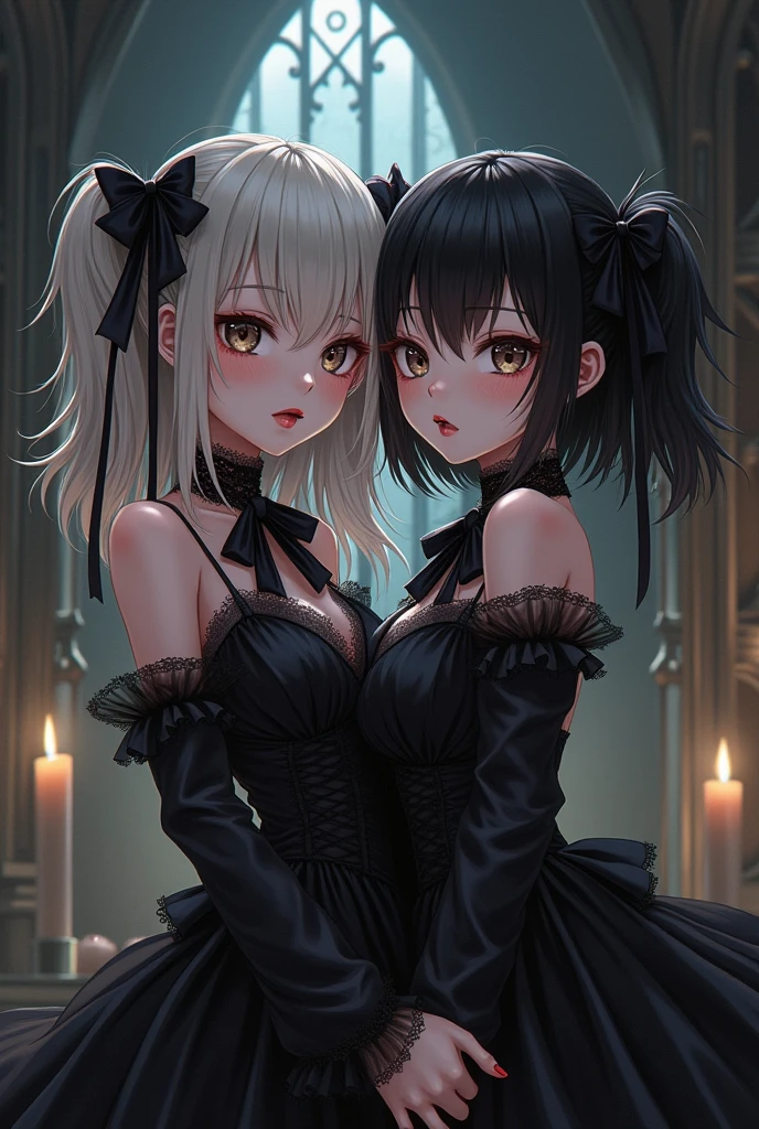 Two women kisasterpiece, best quality, high quality, ultra detailed, 1girl, looking at viewer, white hair, gray eyes, black lipstick, black shirt, sitting on a white floor, demon girl, gothcore, 1 7 - year - old, goth girl, japanese gothic, gothic punk style, black metal style, hands on head,.yurikiss、Girl kissing girl、