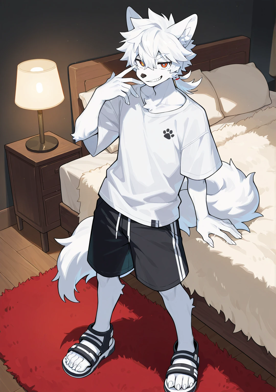 (best qualtiy,Fidelity1.4)solo person,Side-faced wolf-eared young male,White belly,monocle, Tank top, sittinng on the desk,On bed,Look back and shoot down,Presents a surreal 。