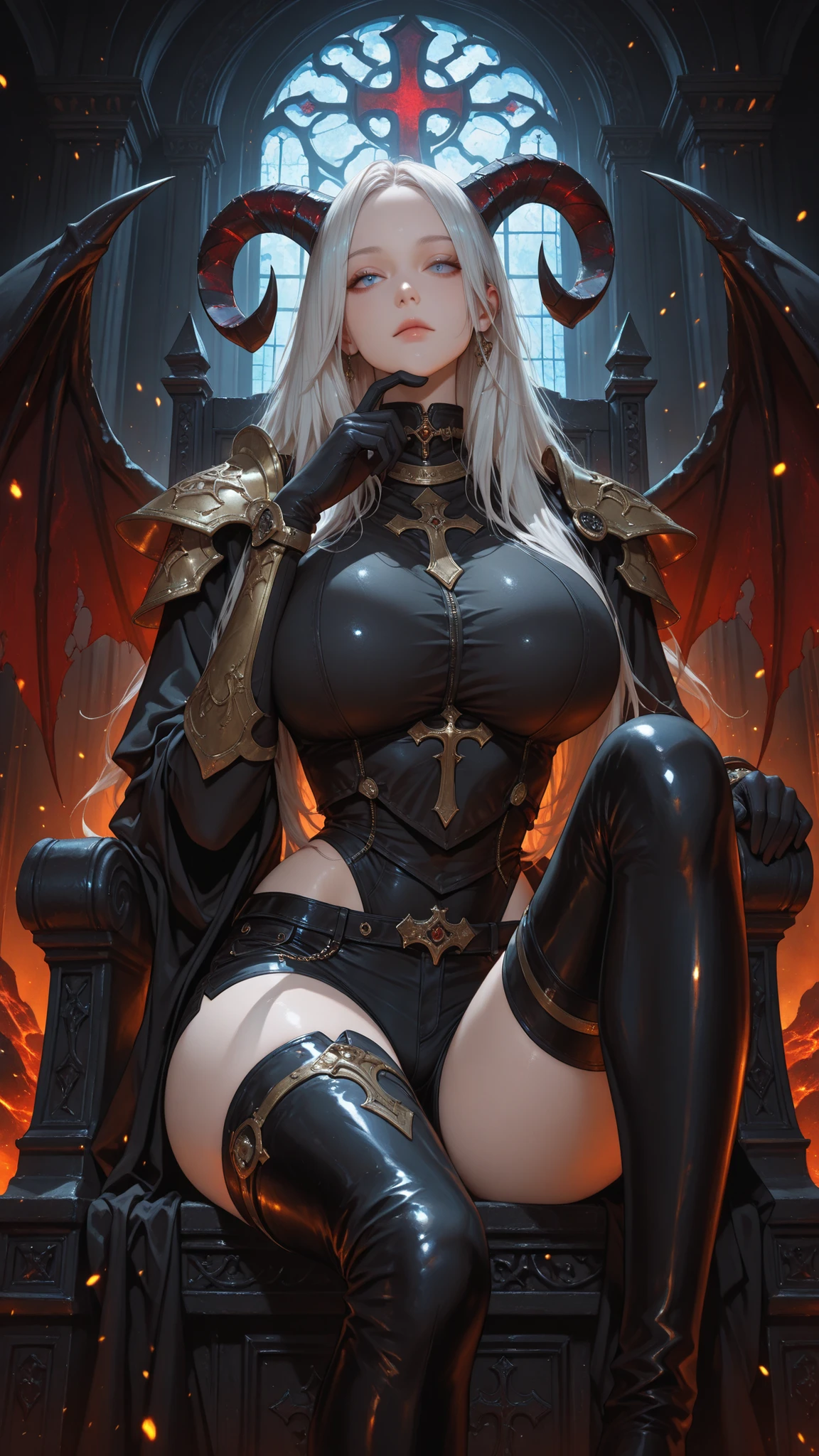 Master painting, 8K picture quality, master painting, 8K picture quality, small breast, demon wings, delicate eye portrayal, delicate facial features portrayal, delicate body portrayal, delicate makeup depiction, metal chain, long blonde hair, slender figure, open chest, long legs, ((exposed)) ((injured)) full of blood, looming, gorgeous jewelry, breasts