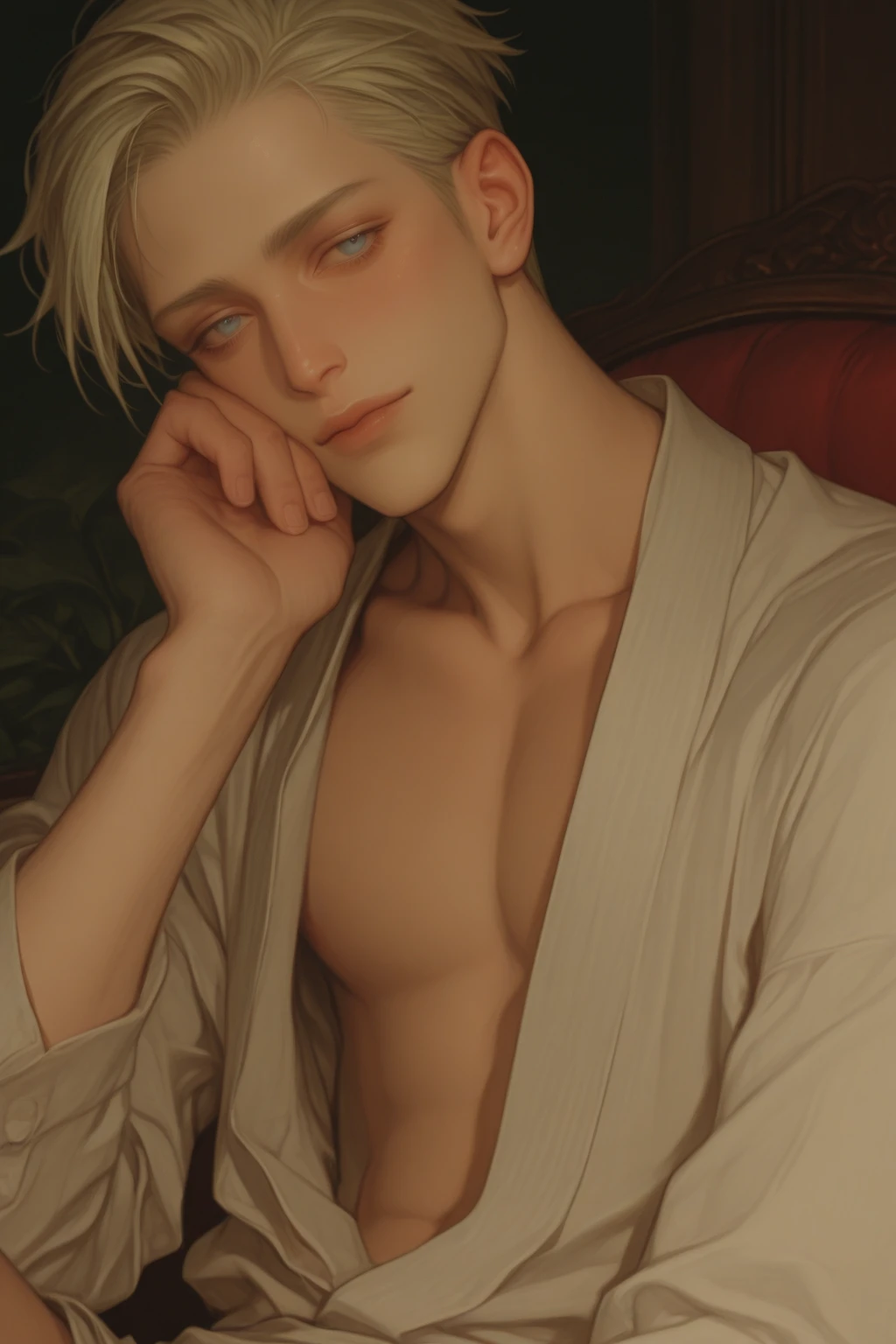naughty man, youthful appearance, nsfv, White hair, red eyes, royally, dogma, underwear, Castle, posing on the bed, blanket, certain body, elegant and evil