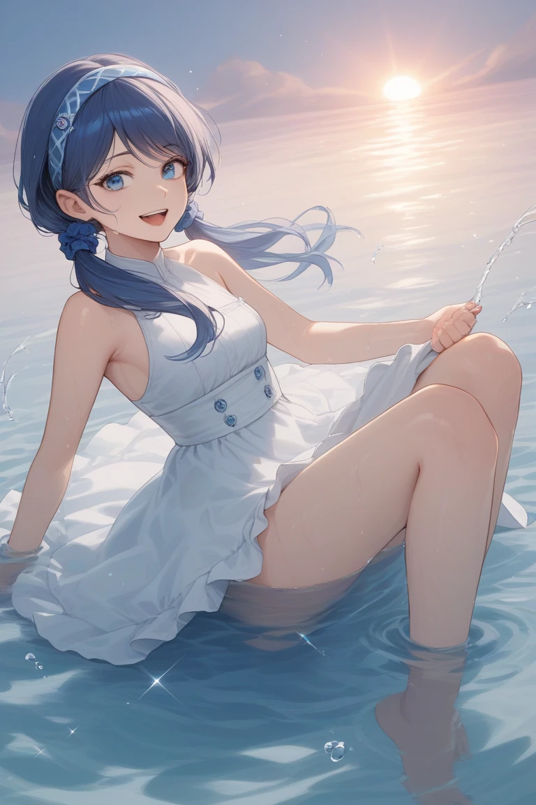 (Highest quality、Highest quality、Masterpiece、Very delicate、Very detailed、Exquisite、16K、Full HD)、1 female、(water着のようなwater色のフレアドレス、flower飾り、Skirt in the wind、White frills)、Perfect body line、Glowing Skin、(Groomed eyebrows、Pink Lips、Brown eyeysterious Face)、(Blue Hair、Twin tails、Shiny Hair)、Dynamic Pose、Dramatic lighting、(Sandy Beach、Light、water、flower、Ocean)