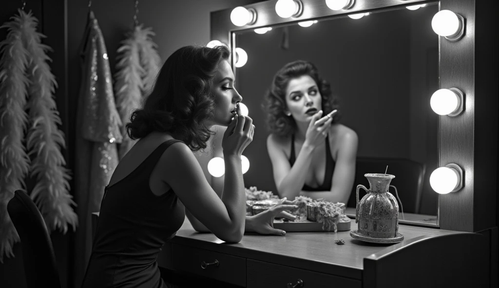 Masterpiece, photorealistic, 1930's Journalism photography, medium shot of a woman wearing black lingerie, looking at herself in the make up mirror, she is reflecting in the mirror, in the backstage of Can Can club