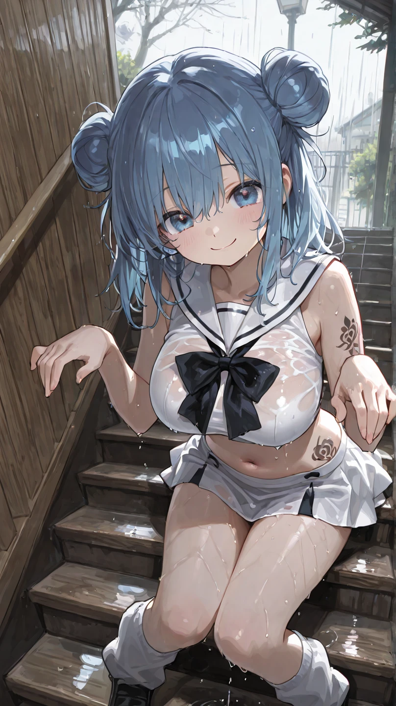One Naked Girl、Wearing a sailor uniform、Crouching alone in the city in the morning、Wide-open legs、Knees up and legs apart、With legs apart、Light blue hair、blue eyes、Large breasts、Nipples are darkened、Pussy、laughing、Delighted、Being tied up with hands behind back、Condensed milk is poured over the body、Condensed milk on your hair、condensed milk on the face