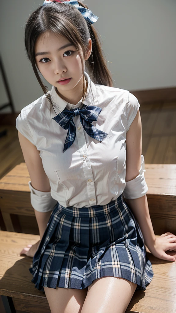 (masterpiece:1.2, highest quality), (Realistic, photoRealistic:1.4), Beautiful illustrations, 
View audience, 1 girl 15years old, Japanese, high School girl,(white lace pantie), (Long Hair:1.5), Hair fluttering, (Half Up, Half Updo), bangs, Hair between the eyes, Medium Breasts:0.8, Beautiful Hair, Beautiful Face, Beautiful Eyes, Beautiful clavicle, Beautiful body, Beautiful breasts, Beautiful thighs, Beautiful legs, Beautiful fingers, (Beautiful views),School,
((Collared short-sleeved shirt, White shirt, Blue checked bow tie,(white pantie are visible),Grey plaid pleated skirt)),(No bra),erect nipple, 
(Sit down knees rasied, Please lift your skirt, Grab the hem of the skirt, Place your hand on your chest), blush,ass,full body,wind will blow to her skirt open skirt and see pantie,pubic hair,ass,sexy,spread legs,