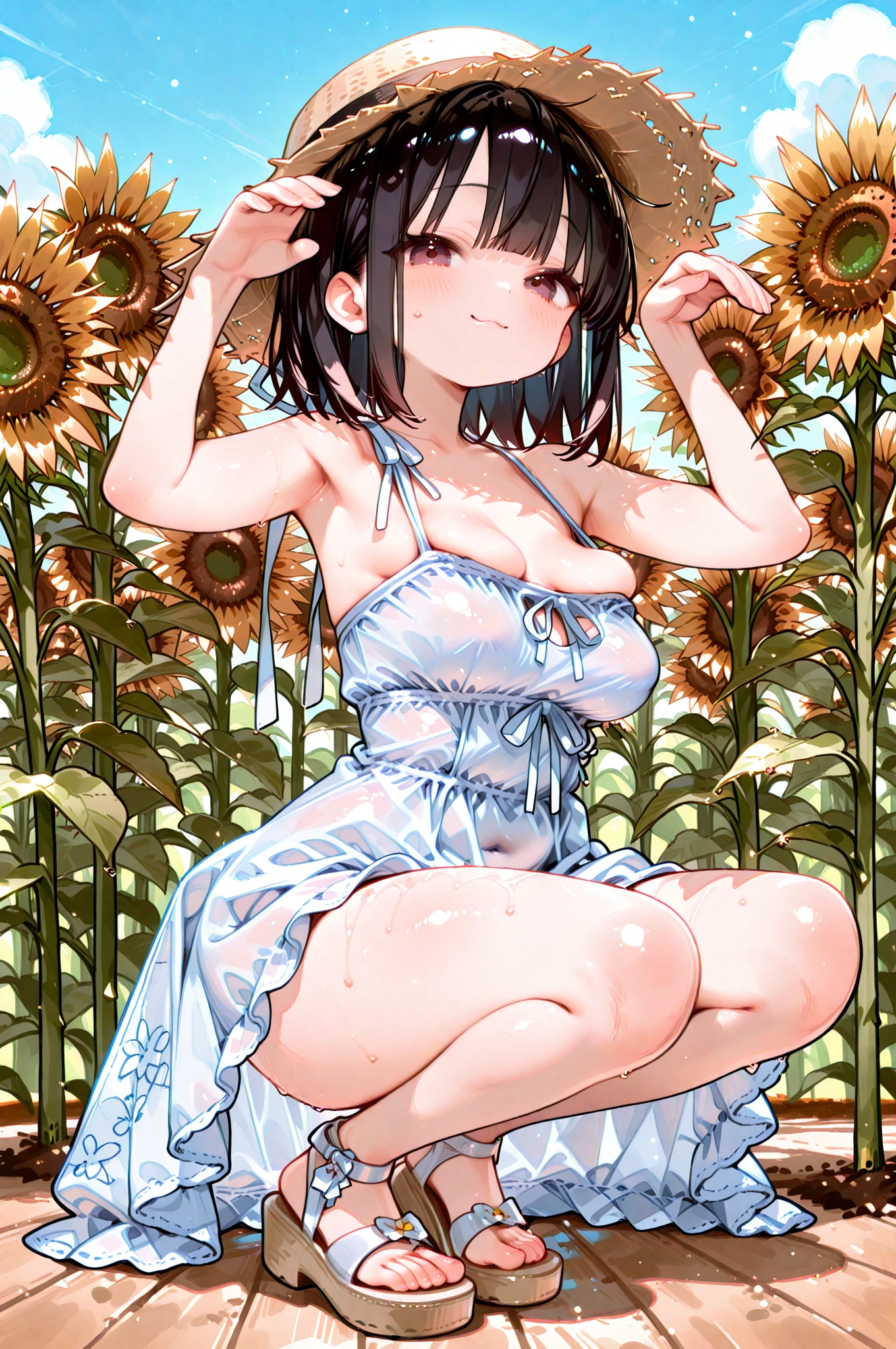 light smile,masterpiece, highest quality, 1 girl, looking at the viewer, blue eyes, ,black long hair、(masterpiece),(highest quality:1.0), (ultra high resolution:1.0), 8K, anime, masterpiece、provocative look Fair skin upper thigh、Highest quality detailed eye, ,sunny meadow background、Detailed、naked、shiny detailed nipples、very big breasts、little hairy pussy
