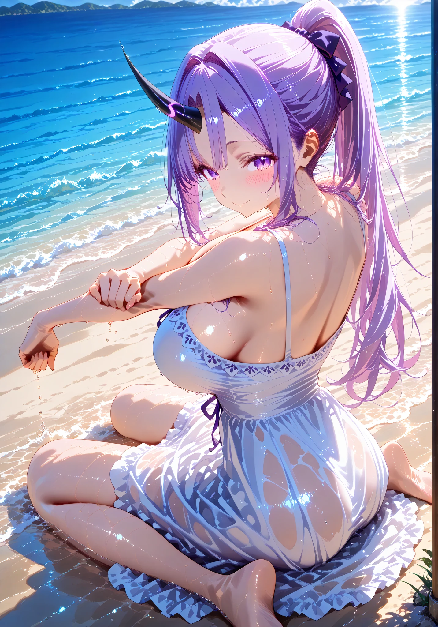 Sexy Rabbit Girl With Pink Ears Purple eyes Wearing a swimsuit with the body of a final fantasy 14 character, beautiful and sexy en una playa paradisica
