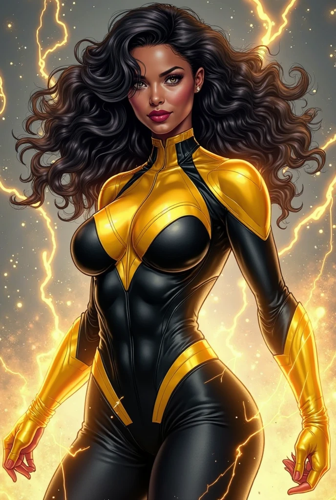 ((Best quality)), ((masterpiece)), (detailed: 1.4), (Absurd), Fighter pilot black woman ready for war, very fleshy mouth, defined muscular sculptural body, half thick naked thighs, closed mouth, very tanned and shiny skin, only in panties, muscular body covered by technological clothing, Neon Genesis Evangelion style, cyberpunk, generous neckline, ((perfect large breasts)), (brown eyes without pupils), ((black, dark green and yellow clothing)), (((clothing based on the South African flag)))), (((full afro hair))), ((leopard pattern on arms)), long eyelashes, short underwear, garter belt, skin glove and leopard claws, by mucha, niji --V5, close to real, psychopathic, crazy face, sexy pose, background with a giant Gundam-style robot head, 2 piece clothing, shoulder pads, airplane wings on the back, pastel, centered, scale to fit dimensions, HDR (High Dynamic Range),Ray Tracing,NVIDIA RTX,Super-Resolution,Unreal 5,Subsurface dispersion, PBR texture, Post-processing, Anisotropic filtering, Depth of field, Maximum clarity and sharpness, Multilayer textures, Albedo and specular maps, Surface shading, Accurate simulation of light-material interaction, Perfect proportions, Octane Render, Two-tone lighting, Wide aperture, Low ISO, White balance, Rule of thirds, 8K RAW, crysisnanosuit