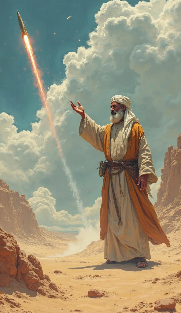 Digital Painting with Semi-Realistic Illustration, use bright colours, a highly detailed ultra HD, 4K cinematic image. Ahmad pointing gently toward the sky while speaking, as Hasan looks up. A glowing spiritual light beams down from the heavens onto a small village mosque in the distancecomic book illustrator with defined lines and shaded areas
 Semi realistic character  Middle eastern men
Mud brick village house rustic hut palm trees
