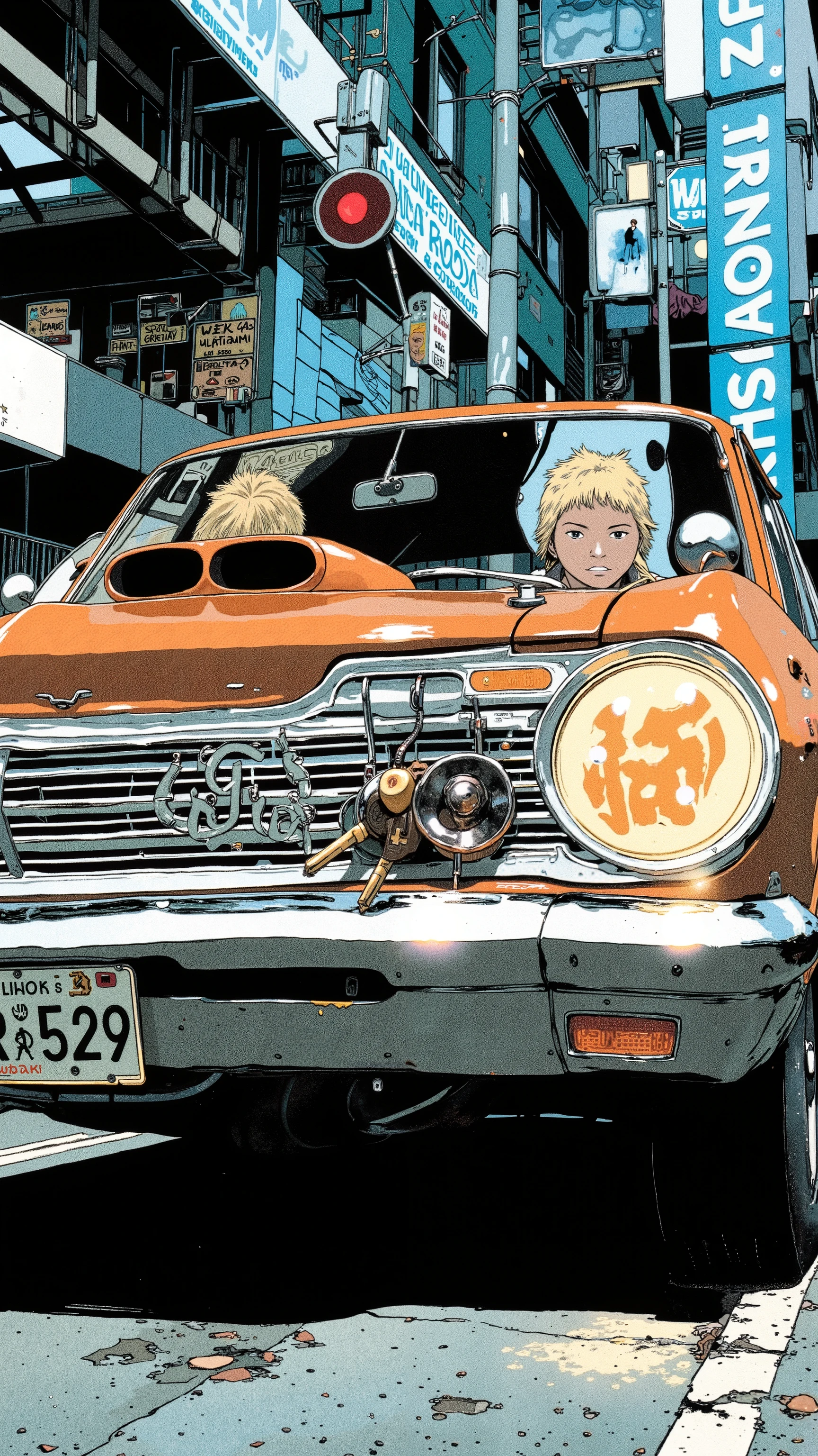 Sleek Design, Equipment, The scene below, which is reminiscent of the manga-specific, of fog lights. car, sense of speed on that front grille, fog lights depicts, Strong presence. Manga-specific, equipped with, expresses the thrill and anxiety, chrome decoration, クラシックな自動carデザインを物語っている. an Illinois license plate "BRD 529." Superior, bold text "VROOOM" along with those keys. car内ビューには 2 人のキャラクターが描かれている. 1, holding, seat belts with dynamic lines that accentuate the front to evoke the roar of the engine, screaming "amazing!!" in excitement. passenger, a young woman with bright hair, broom, Arouse the roar of the engine, A key sound that seems surprising Shelby holding. 下のシーンは回転するcar輪に焦点を当てている, This image、captures the, excitement, Nostalgic charm , The manga-specific.