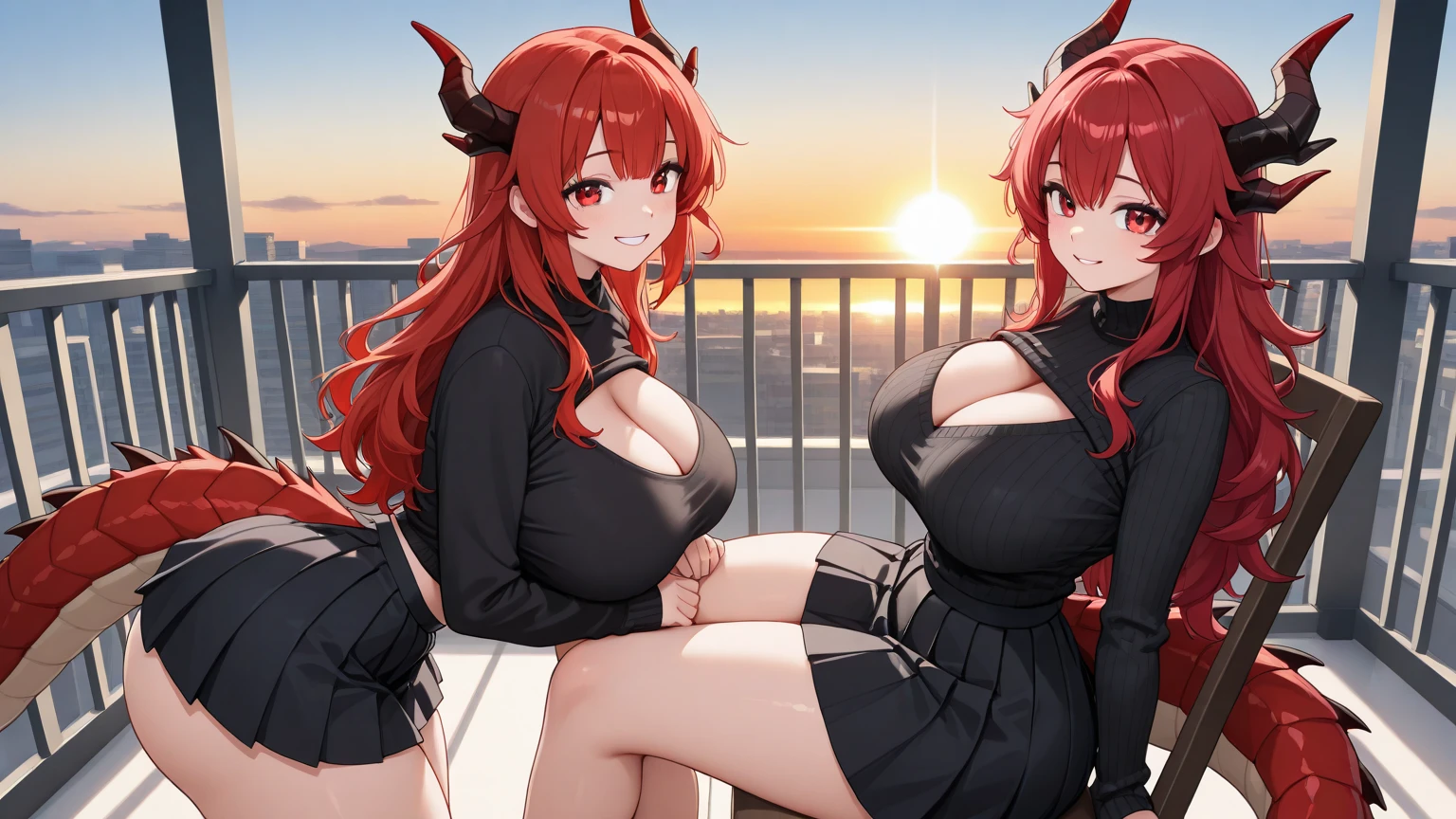 lying on stomach, striking pose, harem, side view, multiple girls, 1 fallen angel with black hair and red eyes, 1elf, 1 demoness, huge ass, raised ass, huge breasts, modern world, arm candy, elf, demoness, kemonomimi, multiple girls, harem, hot, fit, wide hips, red eyes,  hourglass figure, 5'4, 8 k, 4 k, beautiful lighting, depraved, dominant, ((massive thigh gap)), tight red dress, clothed, floor to cieling window, city view