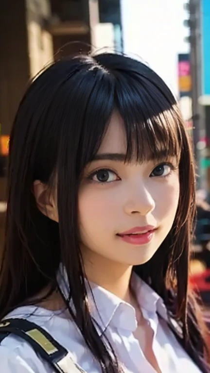 detailed face, cute face, ((masterpiece, Highest quality)), (One girl), (alone), (Focus on women), night (Chainsaw Man),(Highly detailed face, The real picture, Realistic white skin, Realistic body, Intricate details), Upper Body, Severe , Brown eyes, Looking at the audience, bandage over the body, Black Hair, Long sleeve shirt, Pinafore dress, Black tie, bandage, bandage, Small breasts