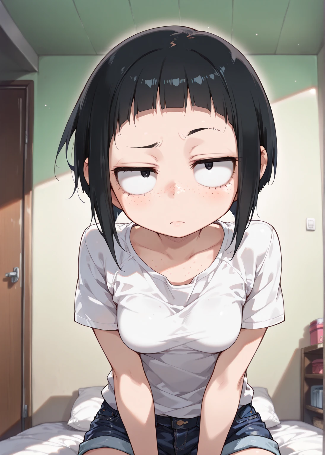 Highest quality, High resolution, 1.female, Reluctant Tears Black Eyes (There is semen on the lunch box:1.3) Cute Looking down Small breasts Short hair, Black Hair, seiza, Focus on face, lots of semen in mouth, lots of penis, pregnant woman