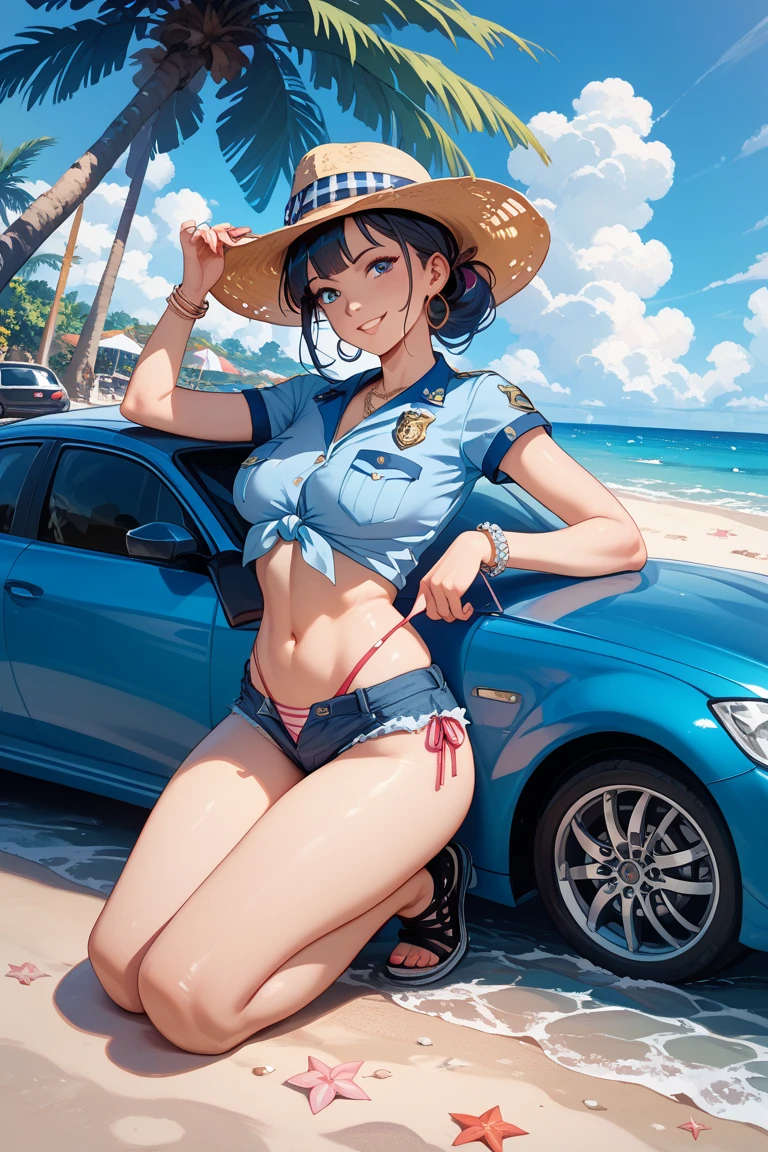 sexy cop (Aubrey plaza, age 20, police bikini, erotic handcuff, dildo in holster, police hat) she is patrolling a beach of sexy lesbians, near sunset