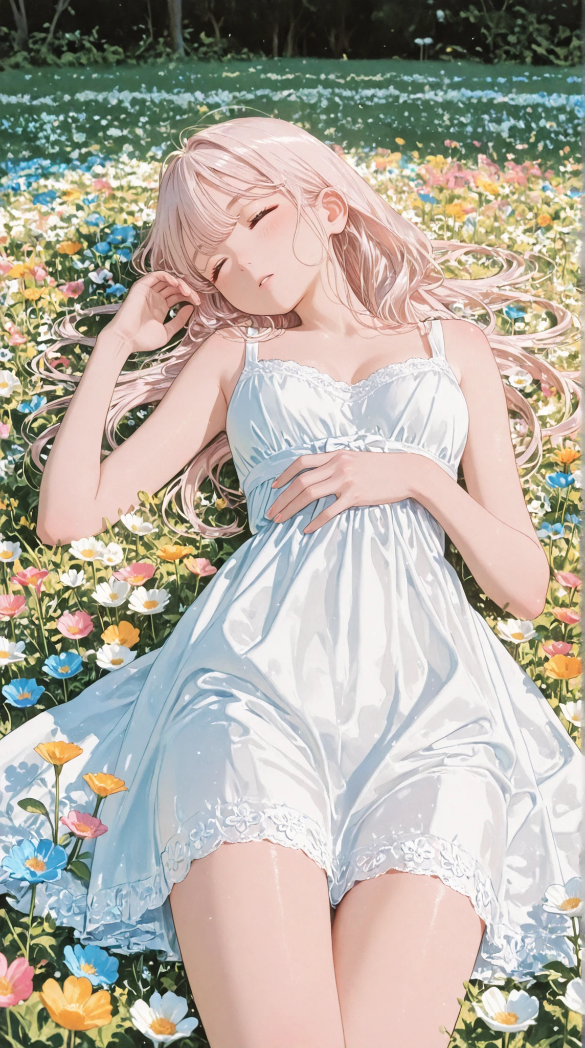 (masterpiece, High resolution, highest quality), Composition from head to thighs:1.3, Upper body focus, A naked 20 year old woman, Blonde Hair, Pose with arms covering chest, FSW, Disorganized, Petal Collage, abstract design, artistic juxtapositions, White background, mixed-media approach, Anime Style, simple lines, Digital Painting,