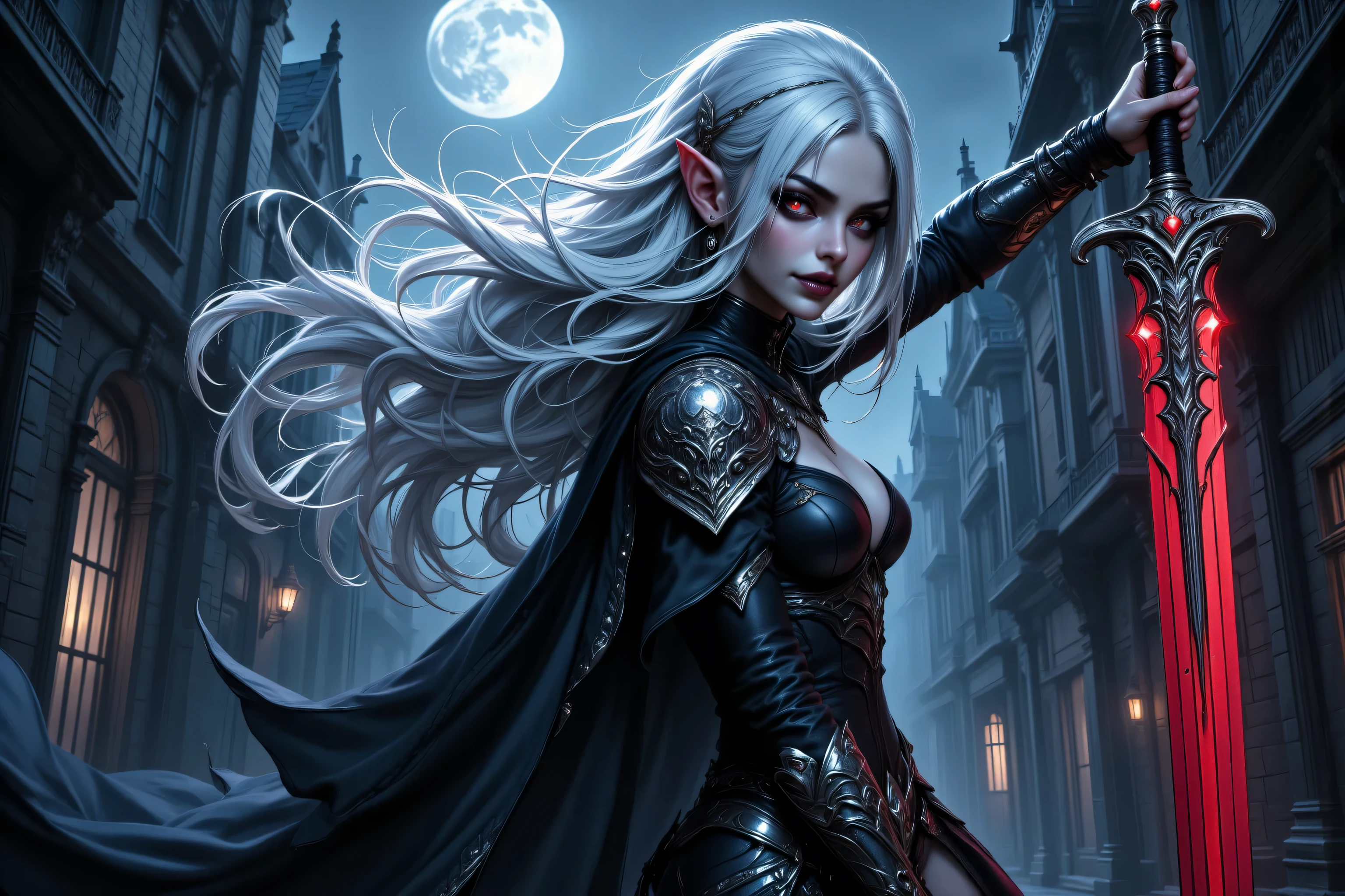 zavy-ctcmcs,w1n,hyp3rd3tail style,fangs,a picture of a female elf vampire(intense details, Masterpiece, best quality), armed with a sword, metallic shine, dark clothes, dynamic clothing, an ultra wide shot, full body (intense details, Masterpiece, best quality)epic beautiful female elf, pale skin, vampire fangs, rich hair, flowing hair, white hair, small pointed ears, red glowing eyes, action shot, holding a an epic sword (intricate details, Masterpiece, best quality), cyber punk street at night, moon in the sky (intense details, Masterpiece, best quality),  sense of daring, sense of adventure,  high details, best quality, 16k, [ultra detailed], masterpiece, best quality, (extremely detailed), dynamic angle, ultra wide shot, photorealistic, RAW, fantasy art, dnd art,fantasy art, realistic art,