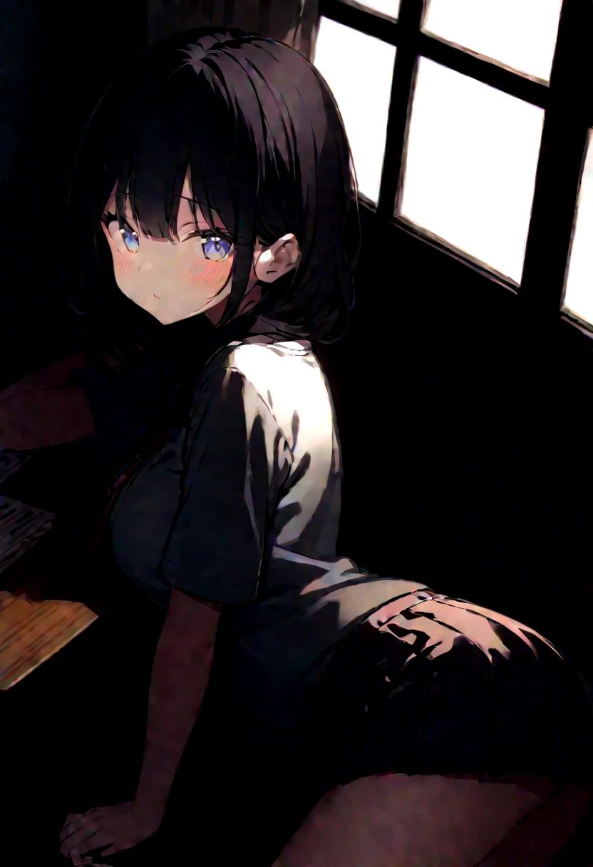 Introvert Big Ass Confident look room nervous Sitting Middle school students uniform 女の子のroom Black Hair Barely