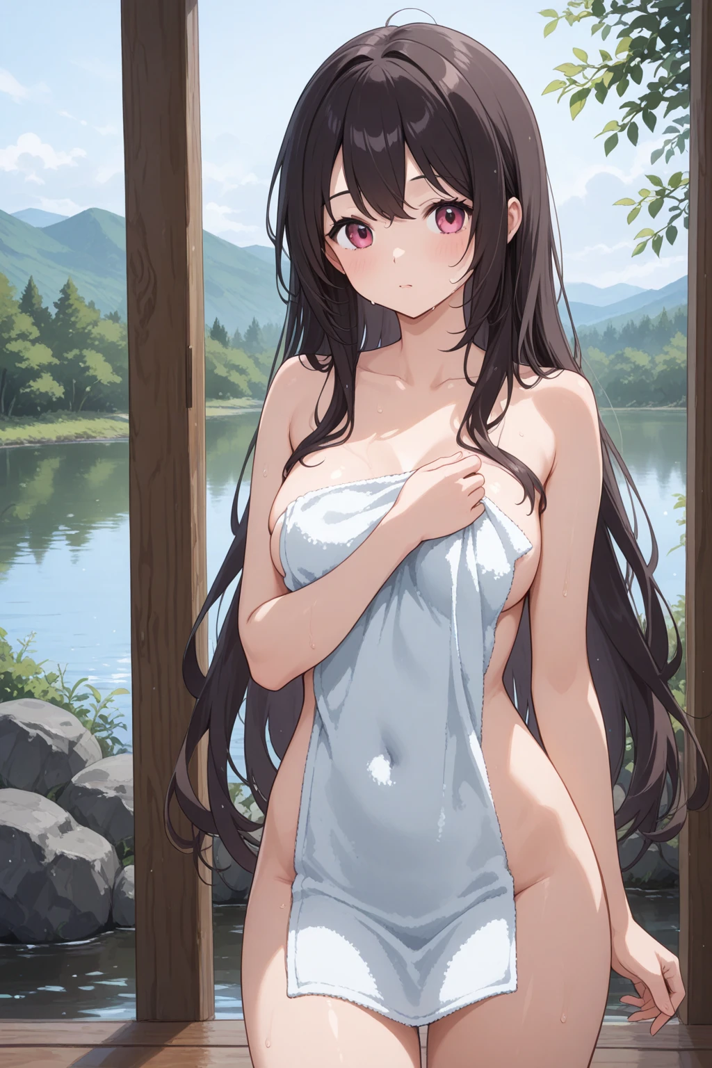 nsfw,Viewer Caution,suzune horikita,waterfall,Pool,,forest,Show the whole body,from below,stand,White bra,See-through underwear,Wet underwear,White panties,Hair Ribbon,(pussy cameltoe:1.0),Beautiful legs,Medium chest,Sweat,Water Drop,