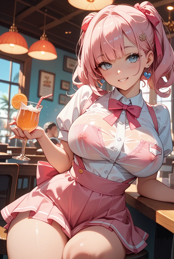 topless girl waitress, busy cafe, holding tray of drinks in one hand, running, smiling, blue mini-skirt, small breasts exposed, pink hair band, long silky black hair