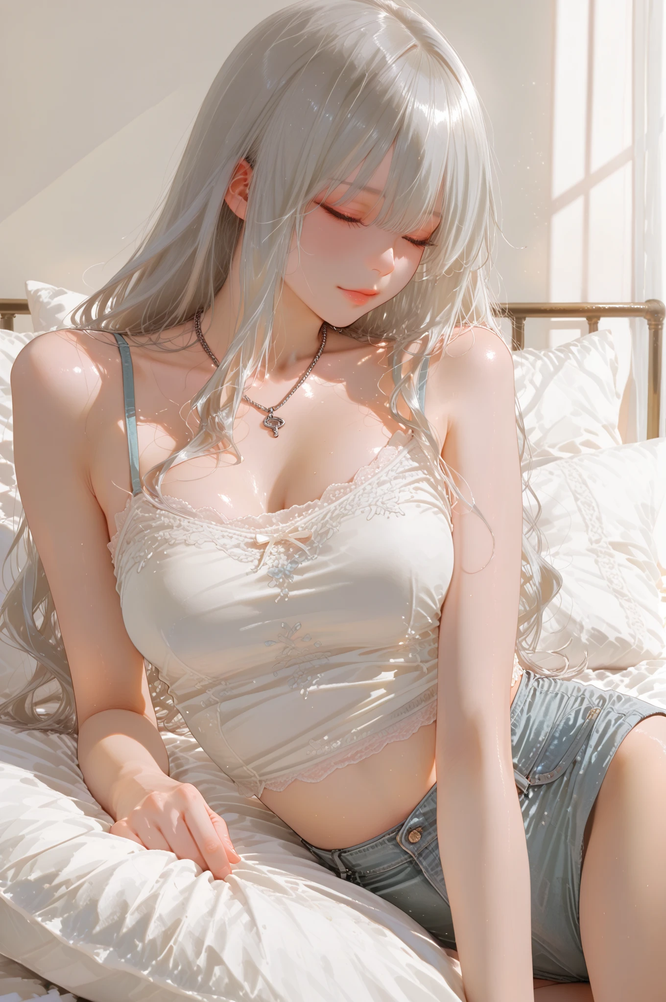 photorealisim、top-quality、超A high resolution、a picture、Exquisitely beautiful photos of Scandinavian-born women、Extraordinary beauty、Highlights of cheek luster、perfectbody、Biologically accurate、Detailed cute and beautiful face、(pureerosface_v1:0.008)、Beautiful bangs、Glowing white shiny skin、Bangs between the eyes、shiny and beautiful hair、Silky hair、finer hair、High-definition eyes、Beautiful, Bright and clear, Big eyes shine charmingly、eye liner、Double eyelids、Full body like、dismay、red blush、embarrassed from、glares、 shiny little necklace and earrings, shiny lips: 1.4, humiliated、impatience、dismay、(Frightened:1.8)、glares、Soft breasts、cleavage of the breast、hiding chest with hands、hide crotch with hands、lift up one's skirt、red blush、embarrassed from、I see underwear、Open knees、open one's legs、Masturbation behavior、Disheveled clothes、Dressing、White blouses、Stockings、Wearing sweat、Neat and clean woman,22 years old, 1 persons、(Dark blue suit: 1.8),(tight skirts:1.8)、Masturbation behavior、sexual excitement、a large amount of white mucus、Wavy Hair, bangs flowing diagonally, Medium Hair,、a blond、White-silver hair、Brown hair、Blue-gray eyes、 In the hotel in the middle of the night, Sit on the bed、